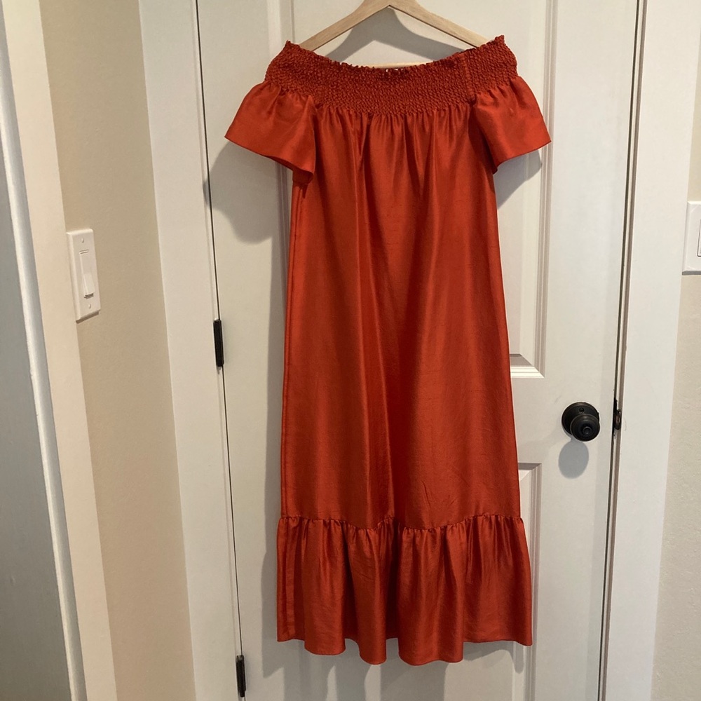 Tory Burch silk off shoulder orange midi dress - Size S